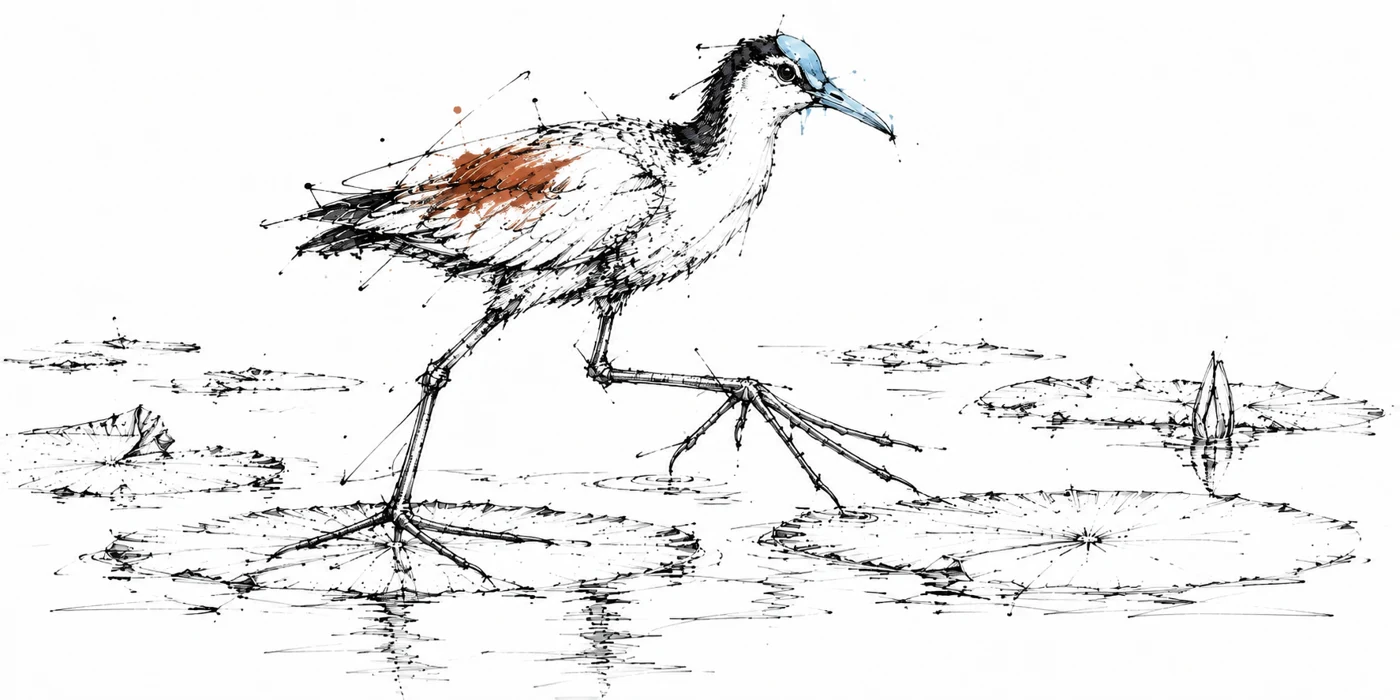 Jacana stepping across floating leaves